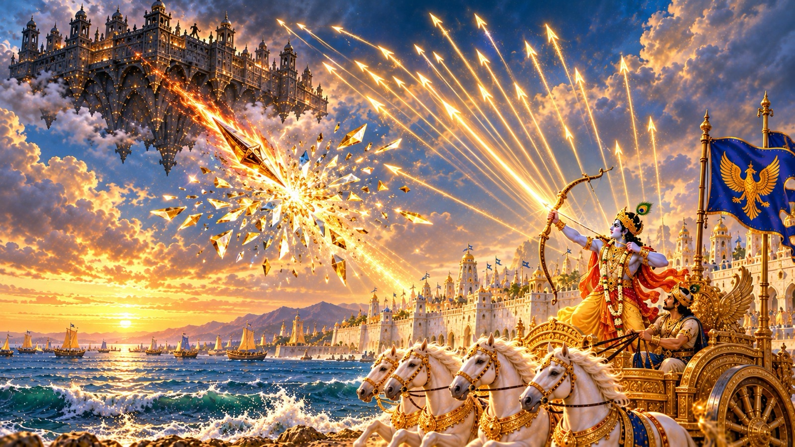Shalva's meteor-like lance breaking into a hundred fragments of light before Krishna's chariot as arrows fill the sky toward Saubha