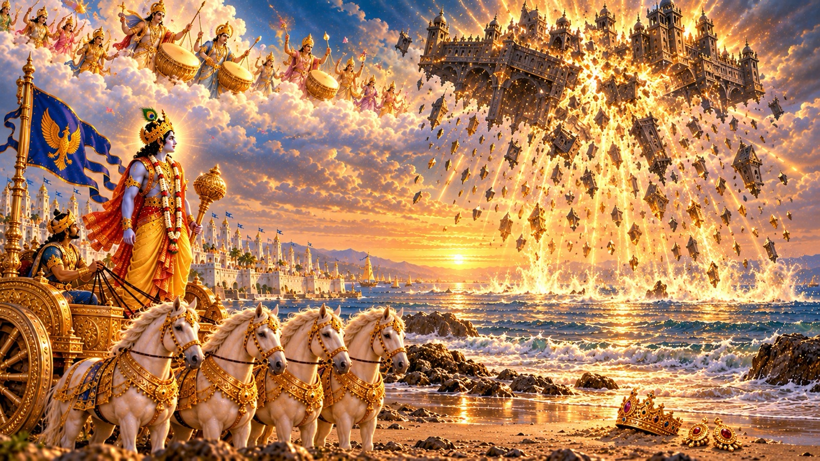 The aerial city Saubha breaking into a thousand glowing fragments and falling into the sea while the gods sound kettledrums in the heavens