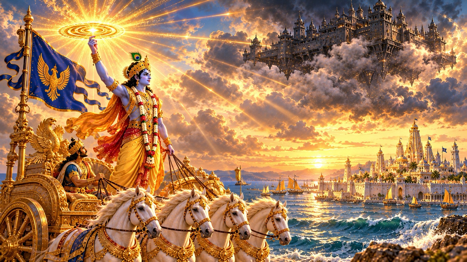 Krishna standing in His chariot beneath the Garuda banner, raising the blazing Sudarshana discus above the sea of Dvaraka as Shalva's aerial city Saubha hangs in the sky