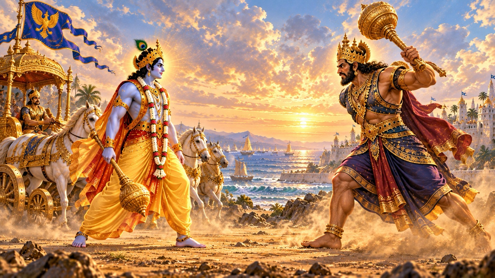 Krishna leaping down from His chariot with mace in hand to meet Dantavakra, who advances alone on foot with a raised mace
