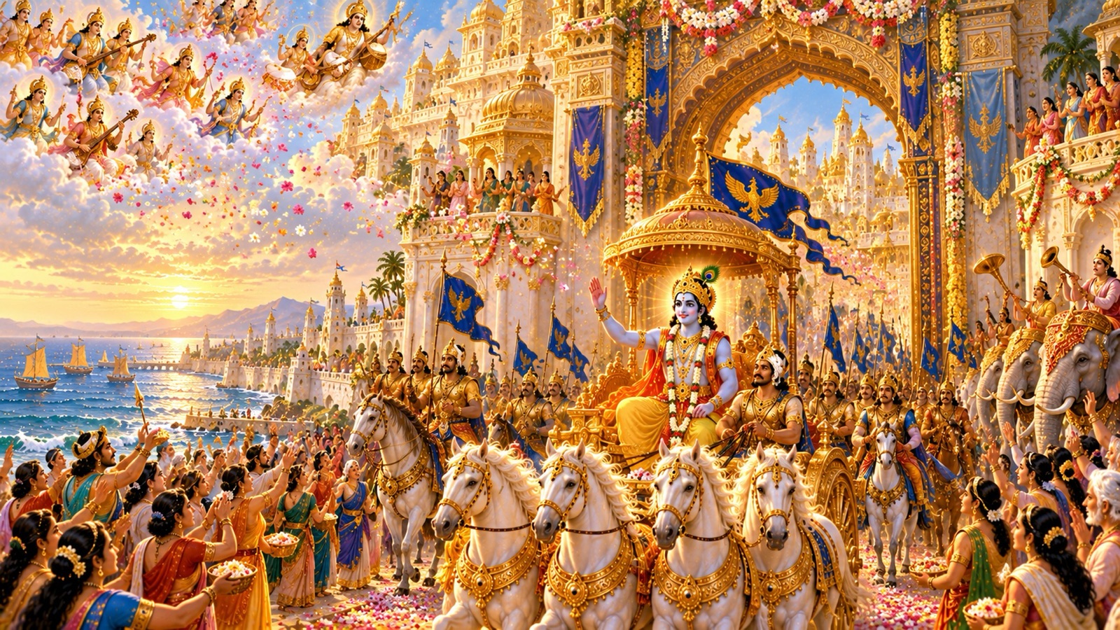 Krishna entering the decorated city of Dvaraka surrounded by Vrishni warriors while celestial beings shower flowers from above