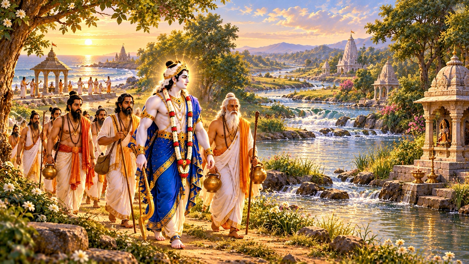 Balarama walking upstream along the Sarasvati river with brahmanas on His pilgrimage to the holy places