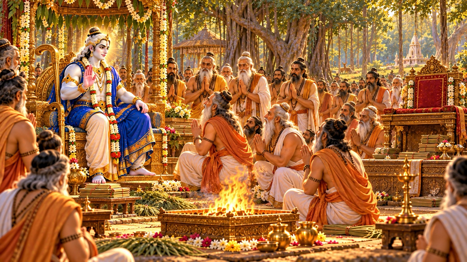The sages of Naimisaranya with folded hands addressing Balarama, who sits with His hand raised in blessing