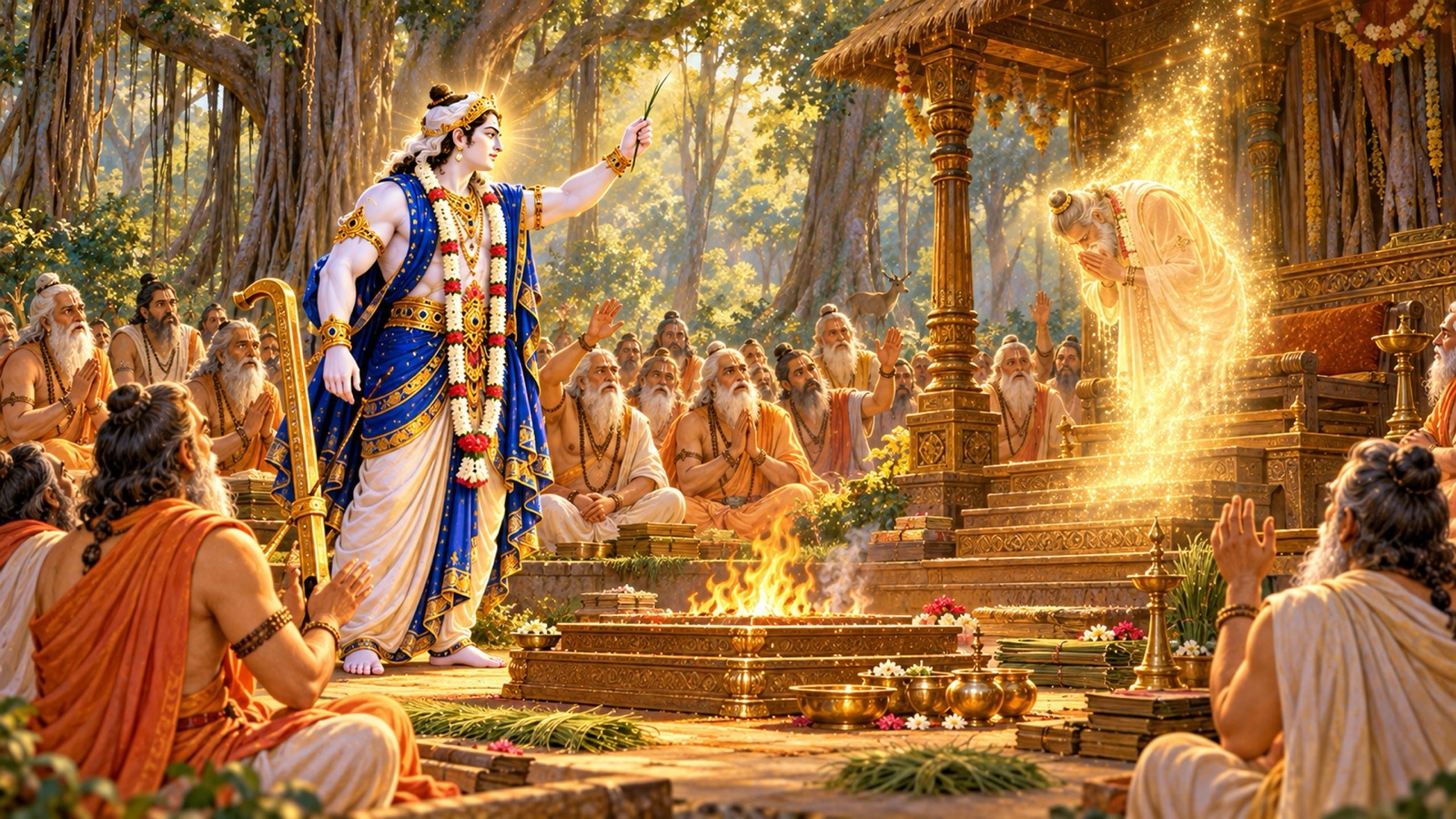 Balarama at the sages' sacrifice in Naimisaranya raising a blade of kusa grass as the Suta Romaharshana bows and dissolves into golden light