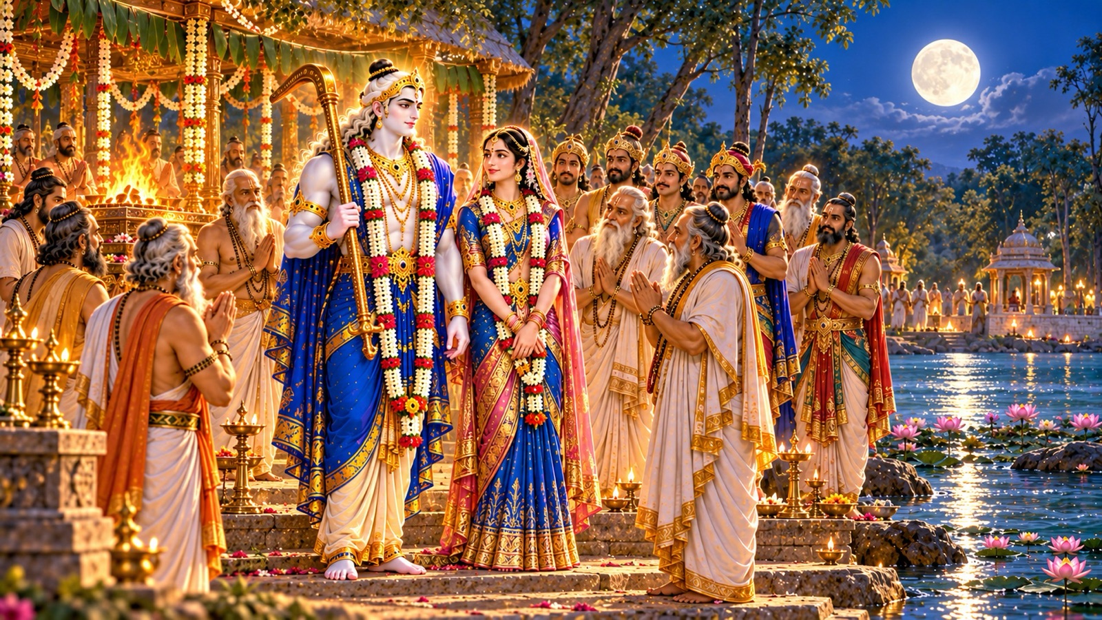 नैमिषारण्य में अवभृथ स्नान के बाद सुन्दर वस्त्रों में सजे भगवान् बलराम और उनकी पत्नी रेवती, ऋषियों और स्वजनों से घिरे, चाँदनी में चन्द्रमा की भाँति
