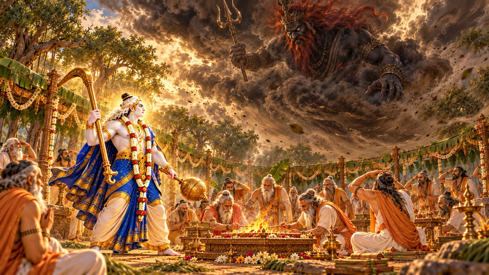 Dark storm clouds and dust gathering over the sages' sacrificial ground at Naimisaranya as the demon Balvala appears and Lord Balarama rises with plough and club