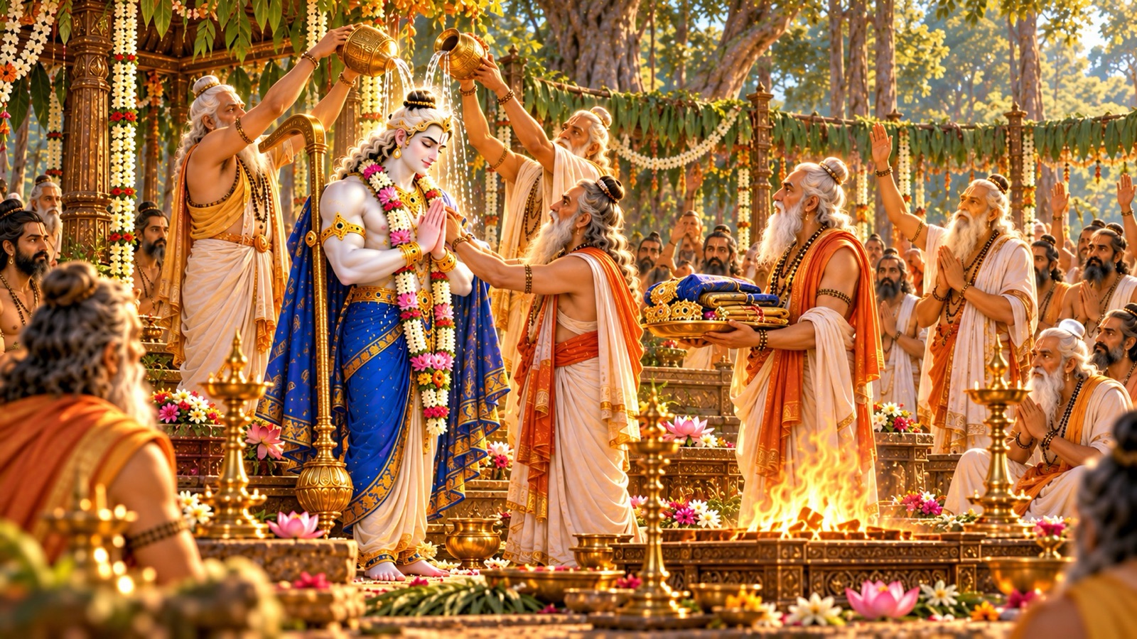The sages of Naimisaranya consecrating Lord Balarama with sacred water and offering Him a Vaijayanti garland of lotuses after the destruction of Balvala
