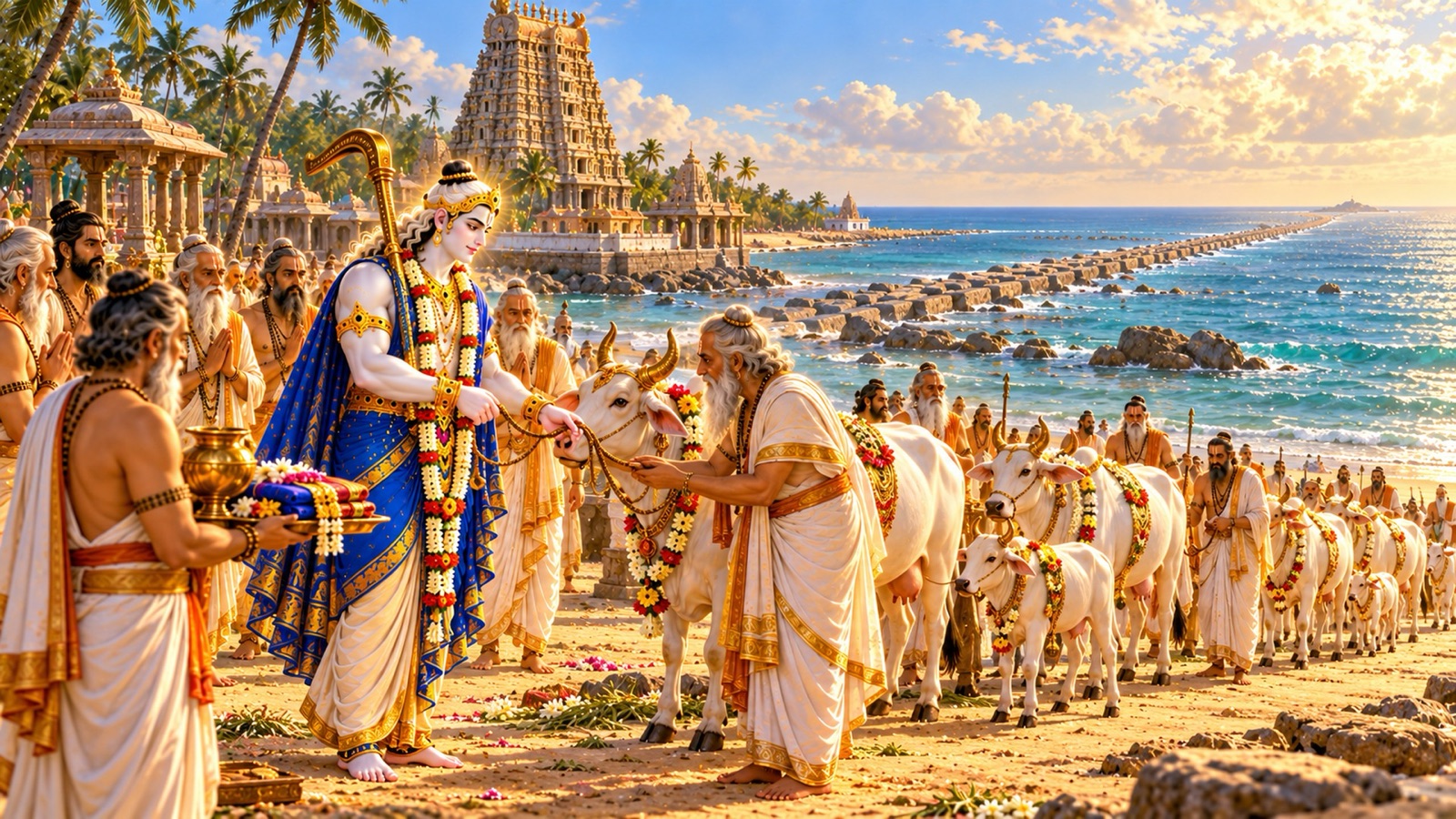 Lord Balarama giving ten thousand cows to brahmanas on the shore at Setubandha with the sea bridge and the Shiva temple of Rameshvaram behind