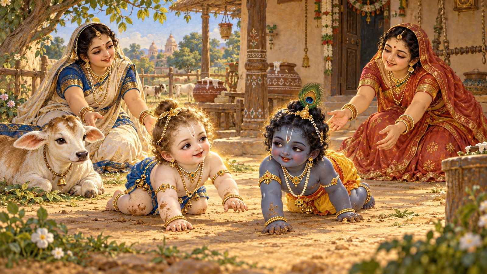व्रज के कीचड़ में घुटनों के बल चलते शिशु बलराम और कृष्ण, जिन्हें माताएँ रोहिणी और यशोदा आनन्द से देख रही हैं