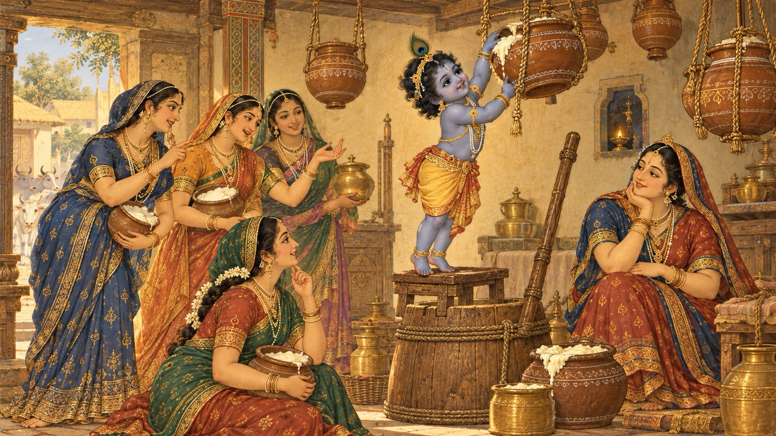 टँगे माखन के मटके की ओर हाथ बढ़ाते बालक कृष्ण, और यशोदा से उलाहना देने आती गोपियाँ