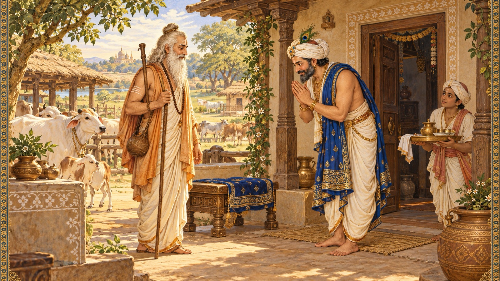 Nanda welcoming the sage Garga with folded palms to perform the naming rite in Vraja