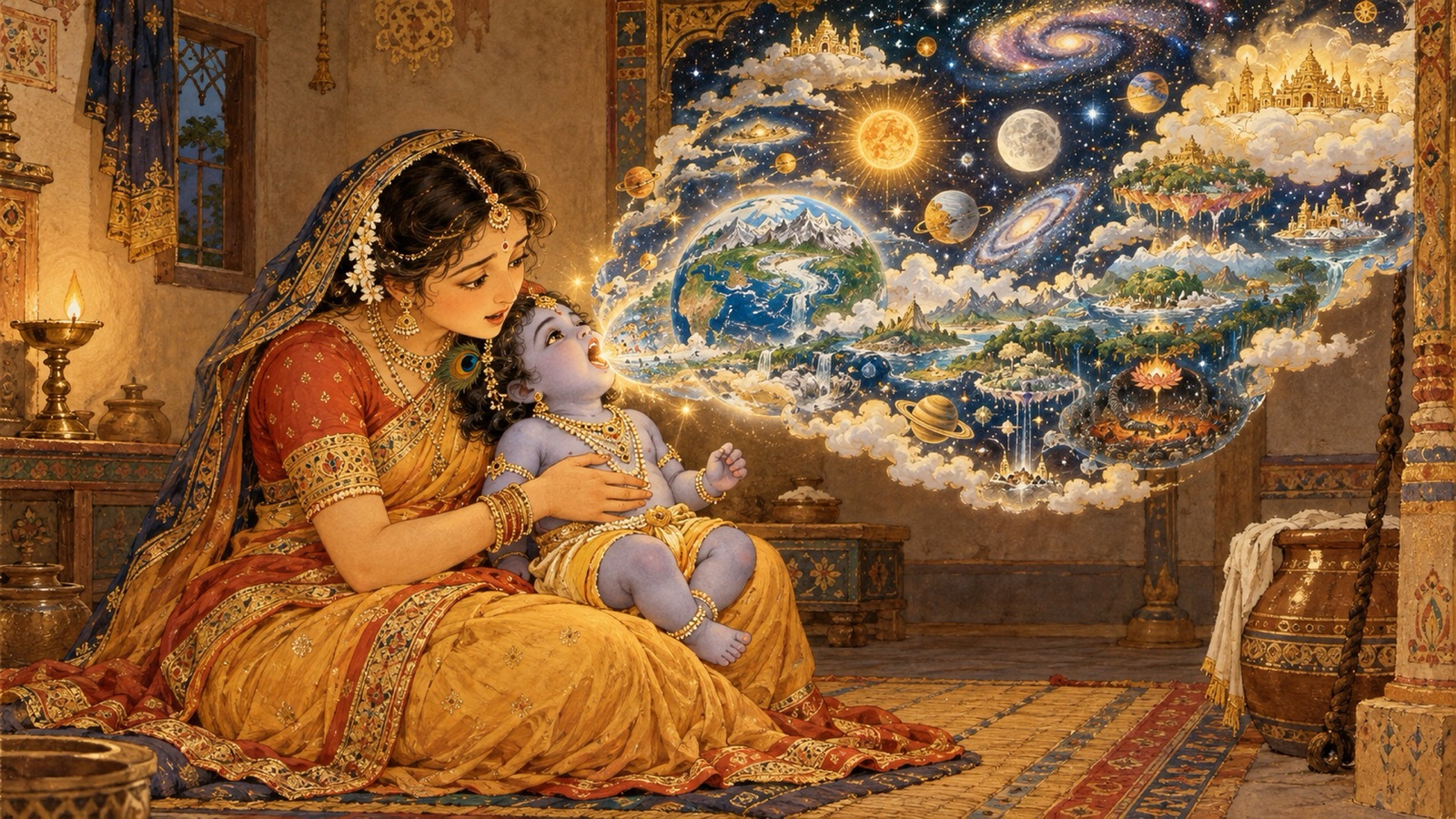 Yasoda gazing in wonder into the open mouth of the child Krishna where the whole universe with Vraja and herself is revealed