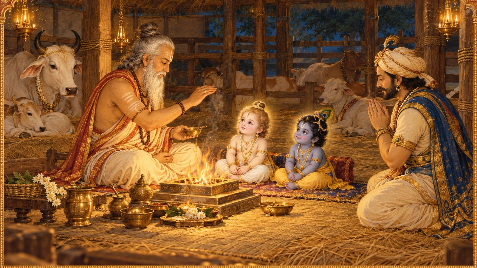 The sage Garga performing the secret naming ceremony of the boys Balarama and Krishna in the cow-pen at Vraja as Nanda looks on