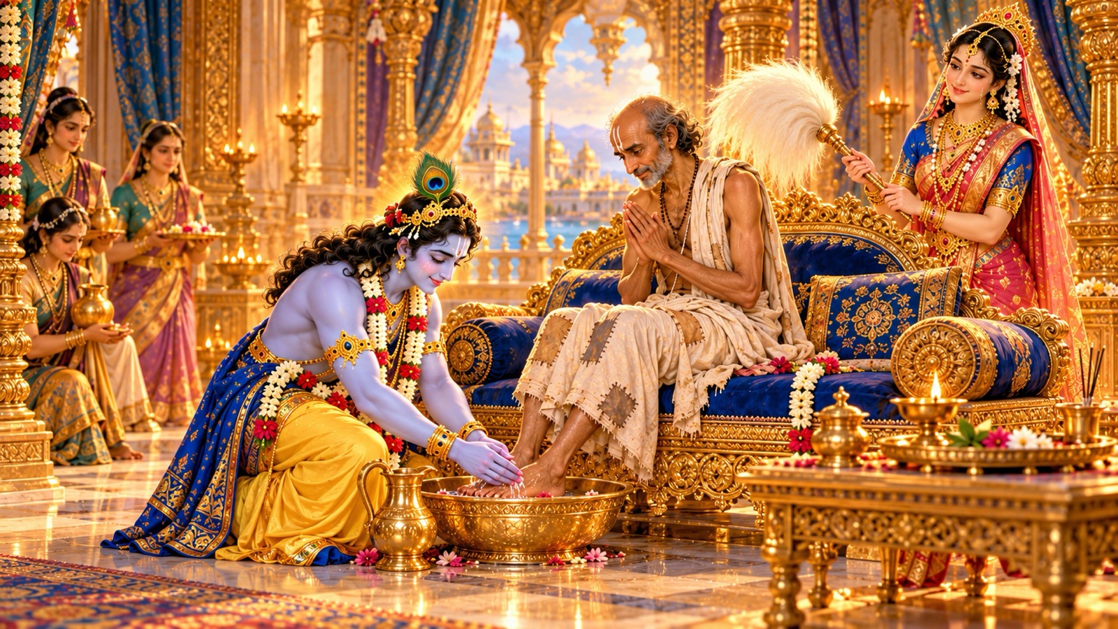 अपने पलंग पर बैठे सुदामा के चरण धोते कृष्ण, जबकि महारानी रुक्मिणी चामर से उन पर हवा करती हैं