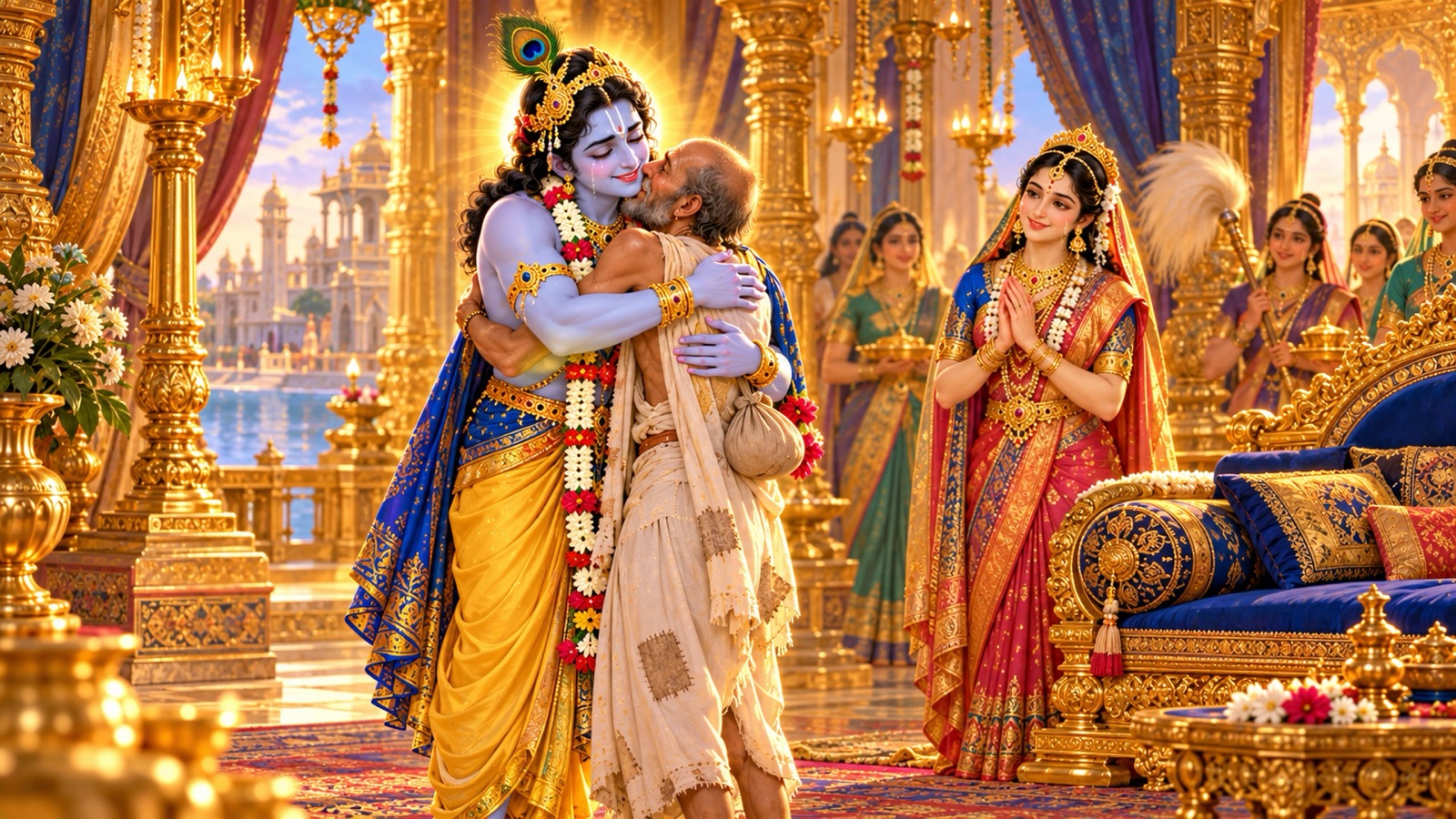 रुक्मिणी के पास के पलंग से उठकर फटेहाल ब्राह्मण सुदामा को आनन्द के आँसुओं के साथ गले लगाते कृष्ण, द्वारका के महल में