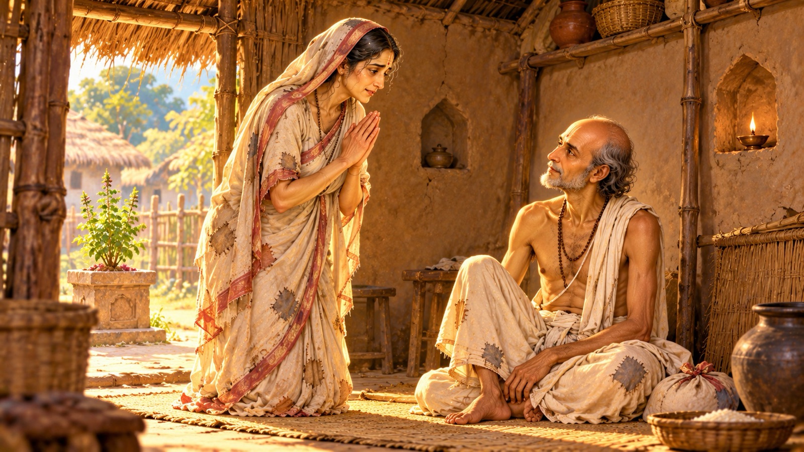 Sudama's wife, in worn cloth, gently urging her husband in their humble hut to visit his friend Krishna