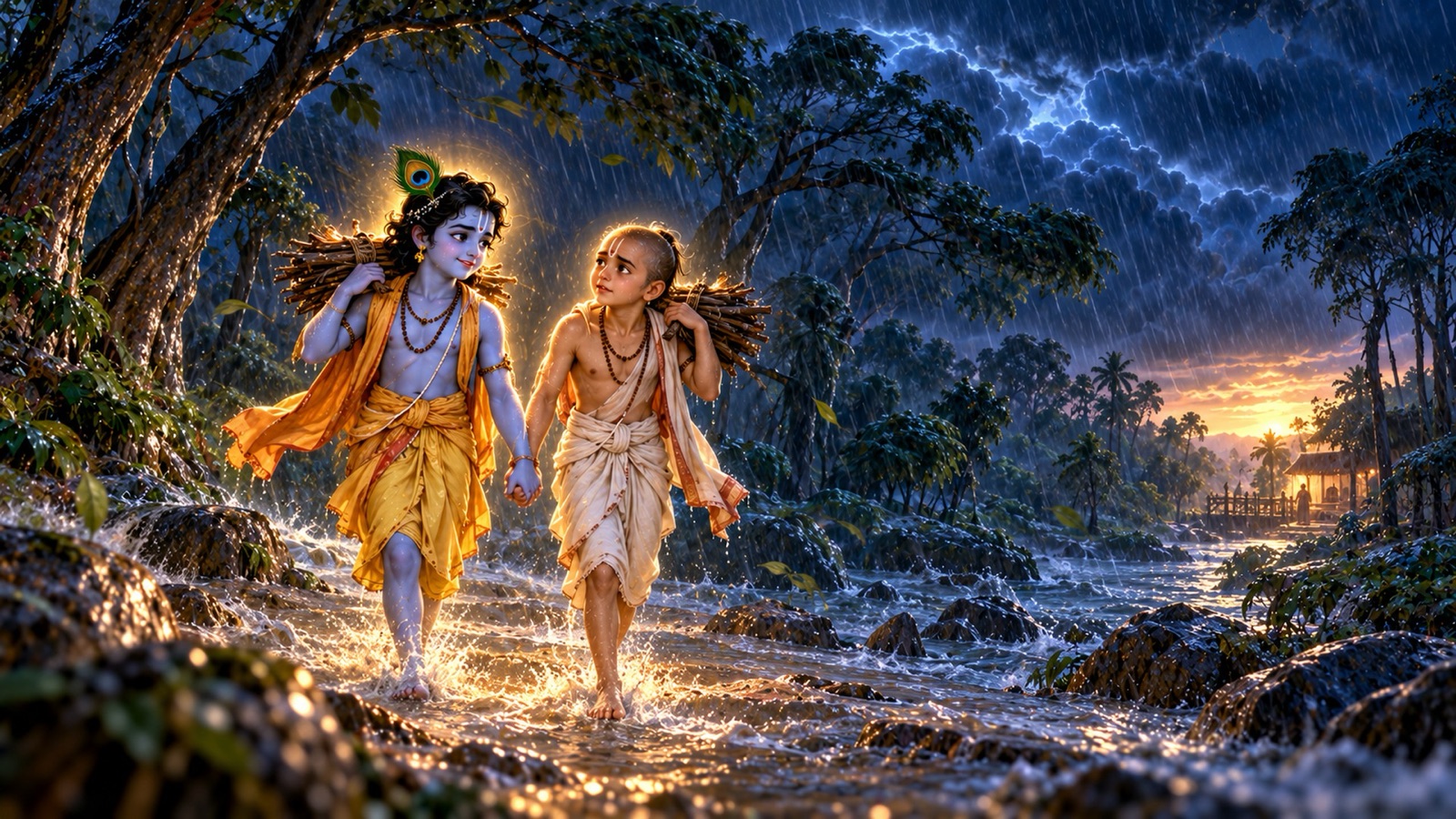 The boys Krishna and Sudama holding hands in a dark storm-swept forest with firewood on their shoulders