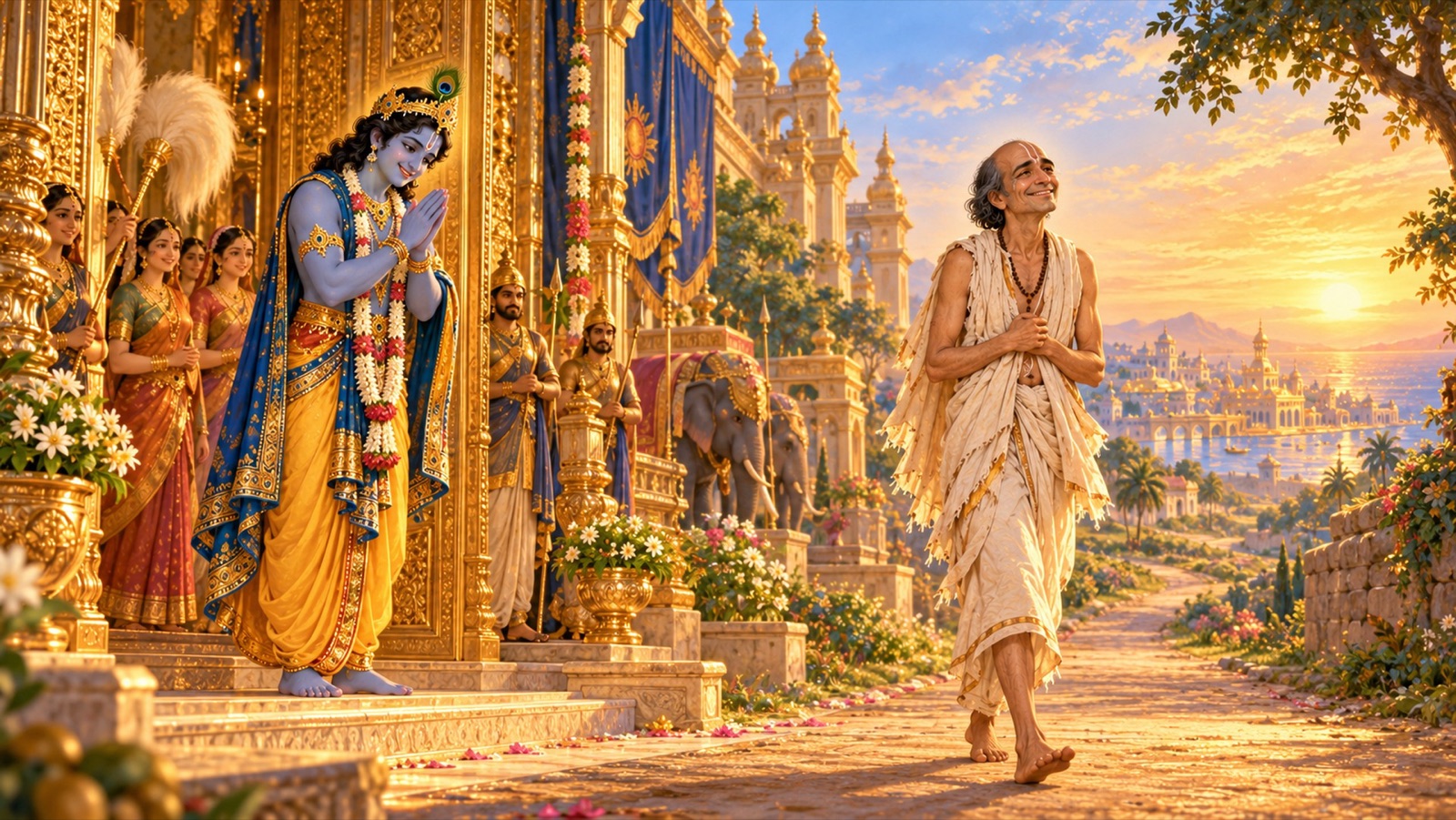 द्वारका के महल से सुदामा को विदा करते और विदाई में उन्हें प्रणाम करते श्रीकृष्ण, जबकि ब्राह्मण खाली हाथ किन्तु प्रसन्न लौटते हैं