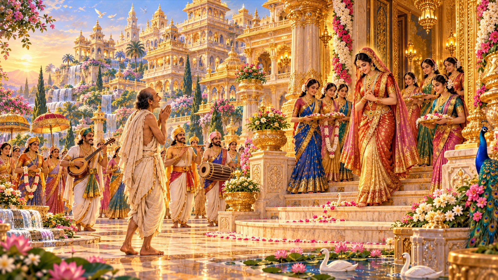 घर लौटकर सात-मंज़िले रत्नजटित भवन, वाद्य बजाते दिव्य परिचारक और लक्ष्मी-सी सजी बाहर आती पत्नी को देखते सुदामा