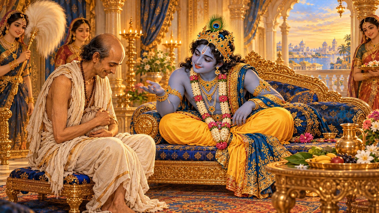 Krishna smiling and asking the shy brahmana Sudama what gift he has brought, as Sudama bows his head with the bundle hidden under his cloth