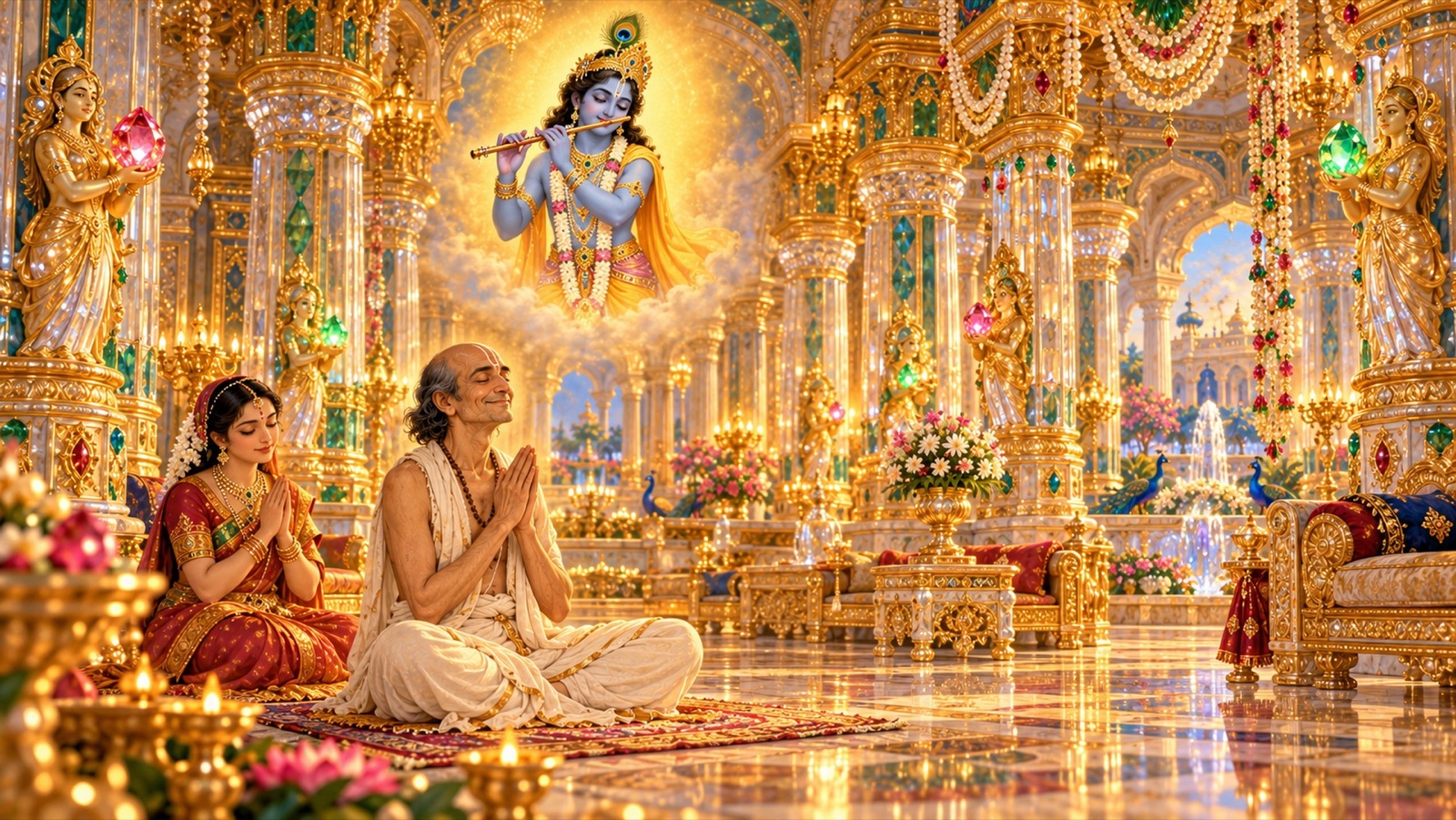 Sudama seated with folded hands in meditation on Krishna inside his jewelled hall, his wife beside him, untouched by the new wealth