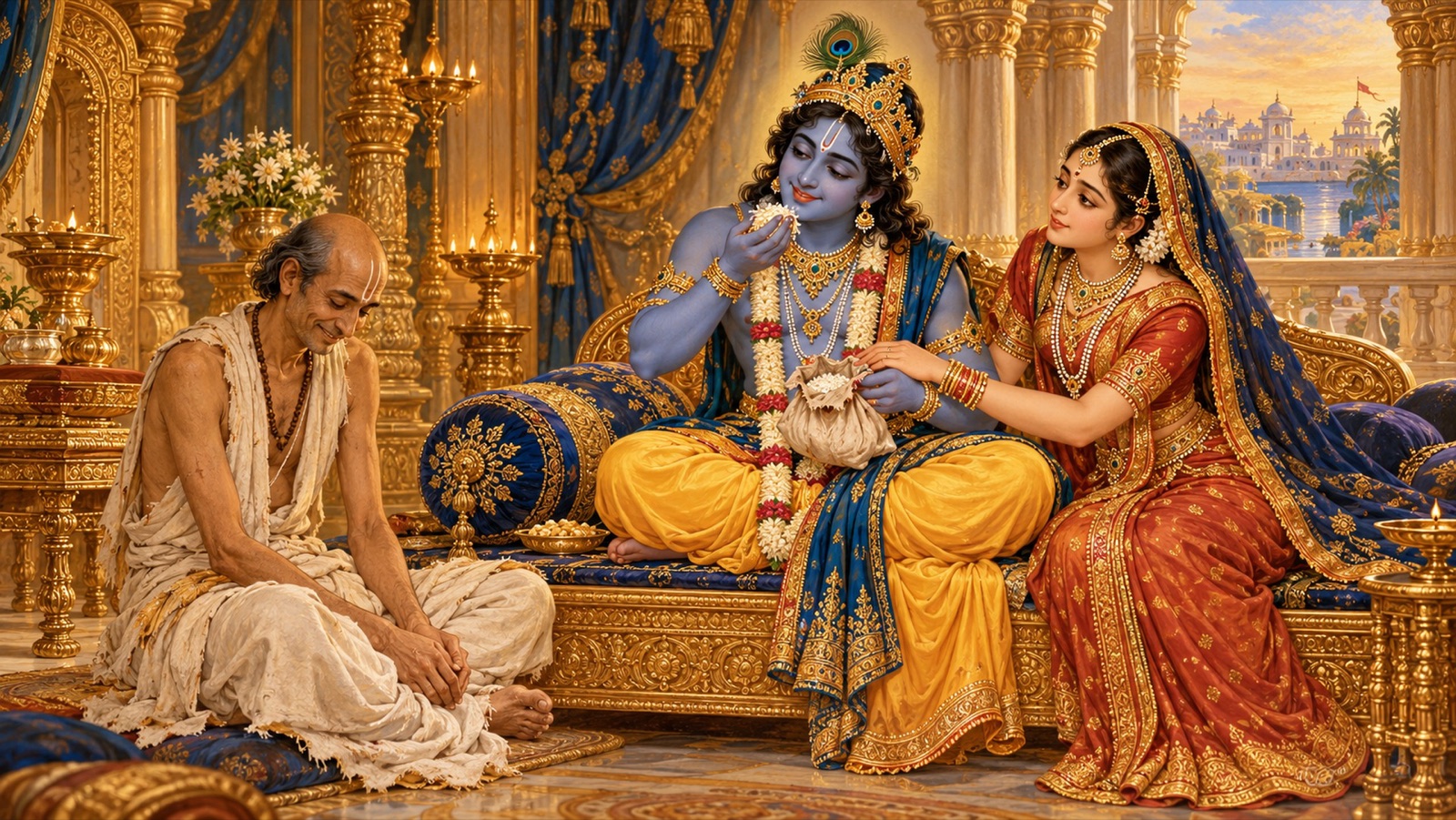 Krishna eating a handful of Sudama's chipped rice from a torn cloth while Rukmini gently holds His hand in the Dvaraka palace