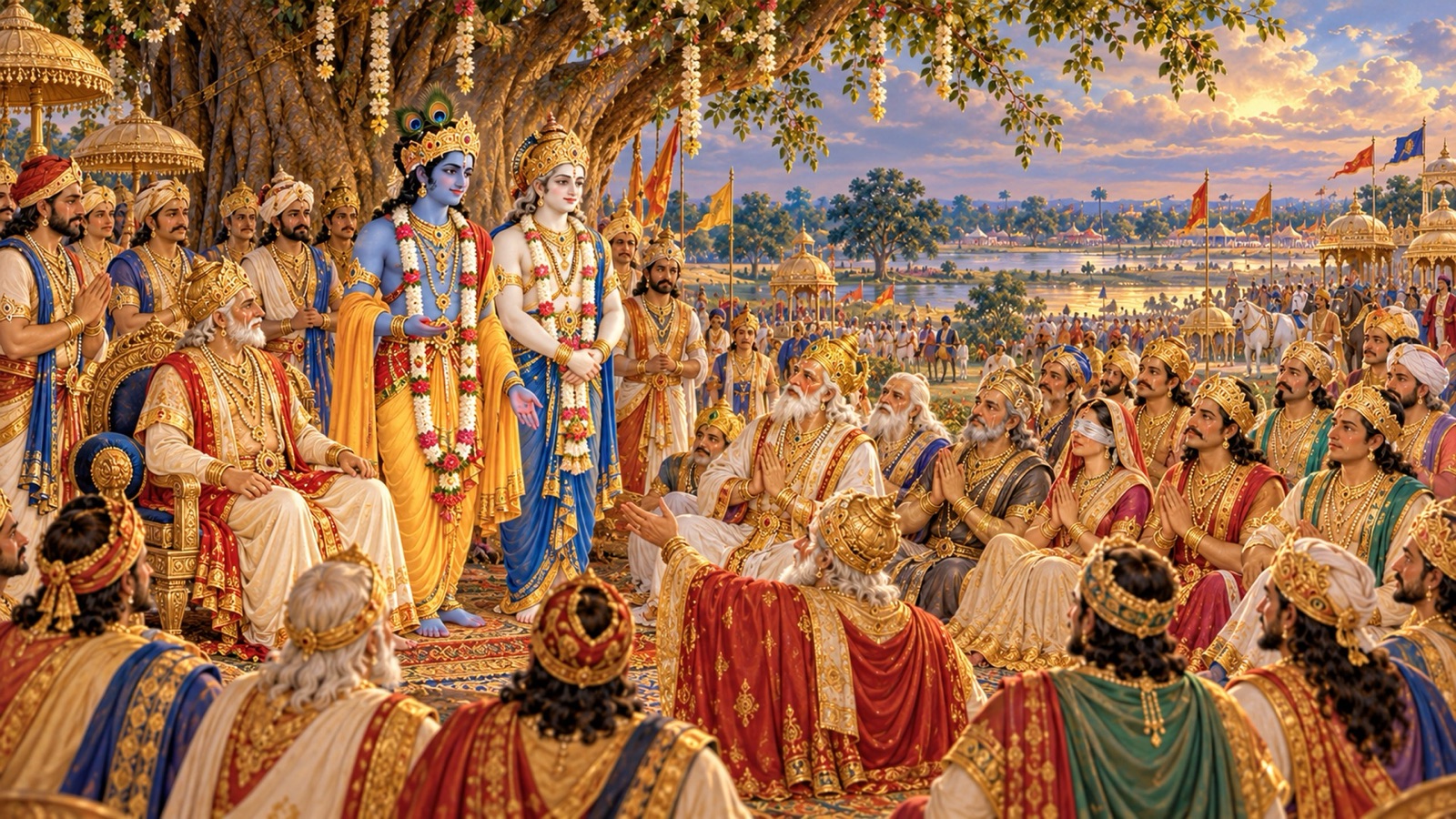 कुरुक्षेत्र में भीष्म, द्रोण, धृतराष्ट्र और पाण्डवों सहित एकत्र राजा विस्मय से श्रीकृष्ण को निहारते और उग्रसेन तथा यदुवंशियों की प्रशंसा करते हुए