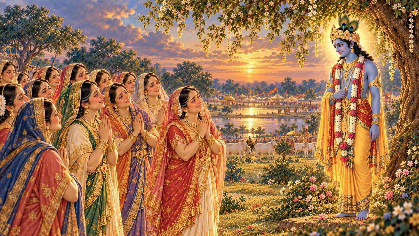कुरुक्षेत्र में वर्षों के वियोग के बाद हाथ जोड़े, सिर ढके और अश्रुपूरित नेत्रों से श्रद्धापूर्वक दूर से श्रीकृष्ण को निहारती व्रज की गोपियाँ