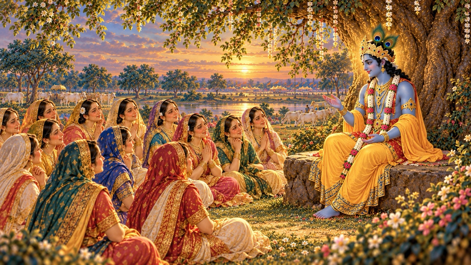 कुरुक्षेत्र के एकान्त कुंज में वृक्ष के नीचे बैठे श्रीकृष्ण, सामने हाथ जोड़े और सिर ढके बैठी गोपियों को उपदेश देते हुए