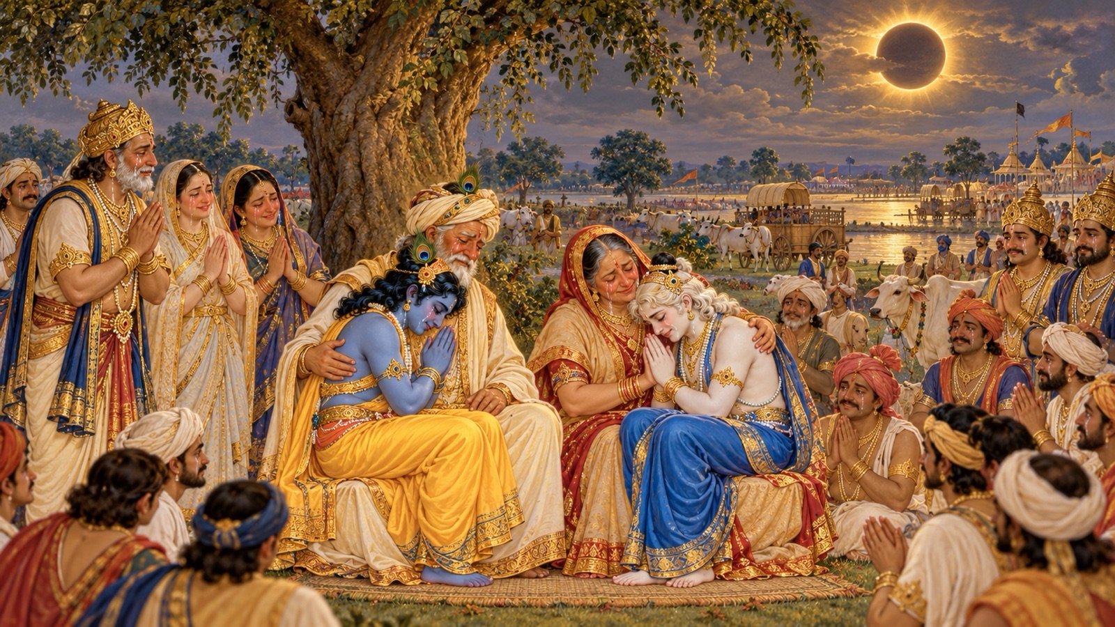 ग्रहण-ग्रस्त सूर्य के नीचे कुरुक्षेत्र में नन्द और यशोदा की गोद में बैठे श्रीकृष्ण और बलराम, चारों ओर वसुदेव, रोहिणी, देवकी तथा एकत्र यदुवंशी और गोप