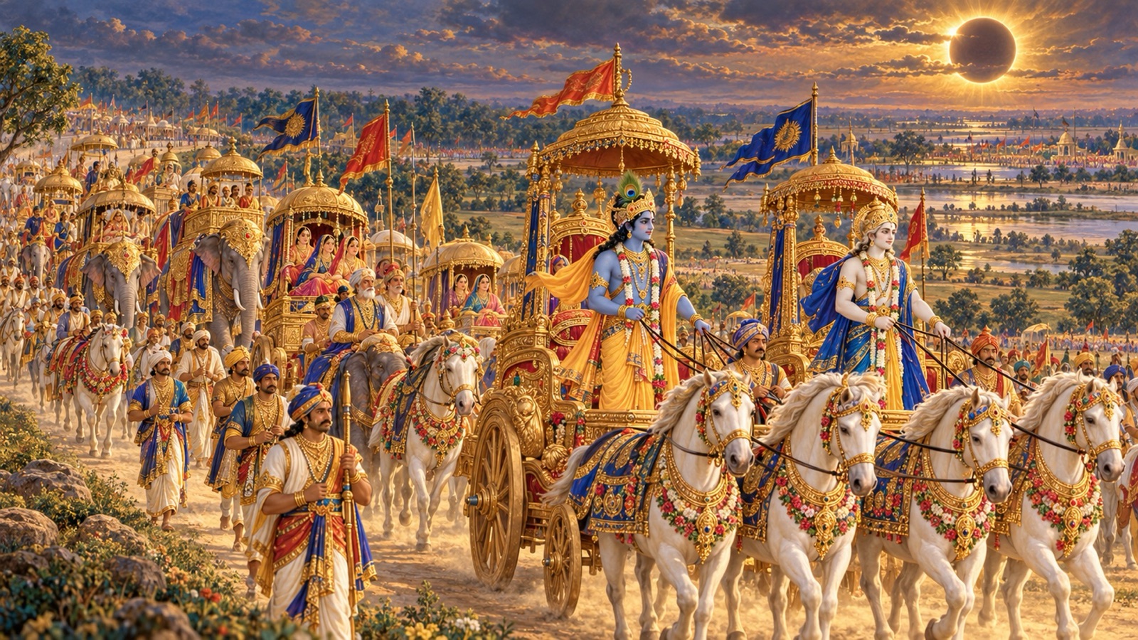 The Yadu procession of golden chariots, horses and elephants travelling with Krishna and Balarama toward Kurukshetra under an eclipsed sun