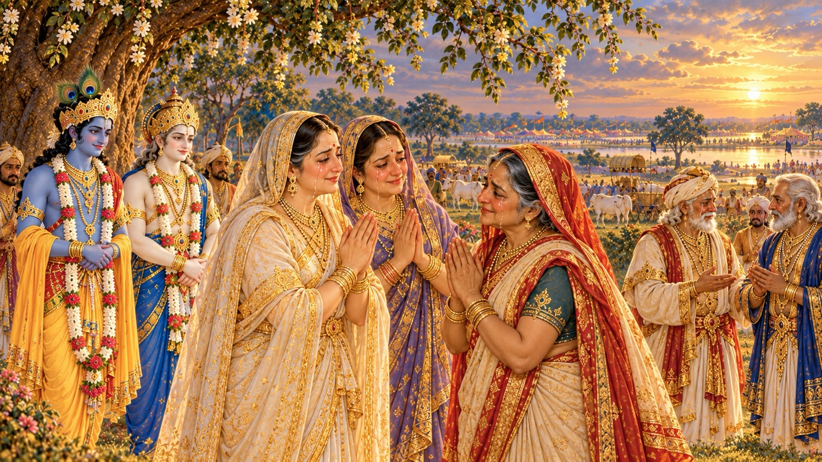 Rohini and Devaki with tear-filled eyes speaking gratefully to Yashoda at Kurukshetra while Nanda, Vasudeva, Krishna and Balarama stand nearby