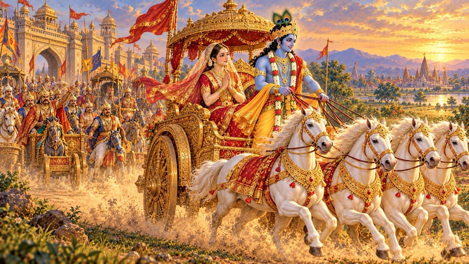 रथ पर अपने साथ बैठी रुक्मिणी को लेकर दूर जाते श्रीकृष्ण, पीछे झुके धनुष लिए देखते एकत्र राजा