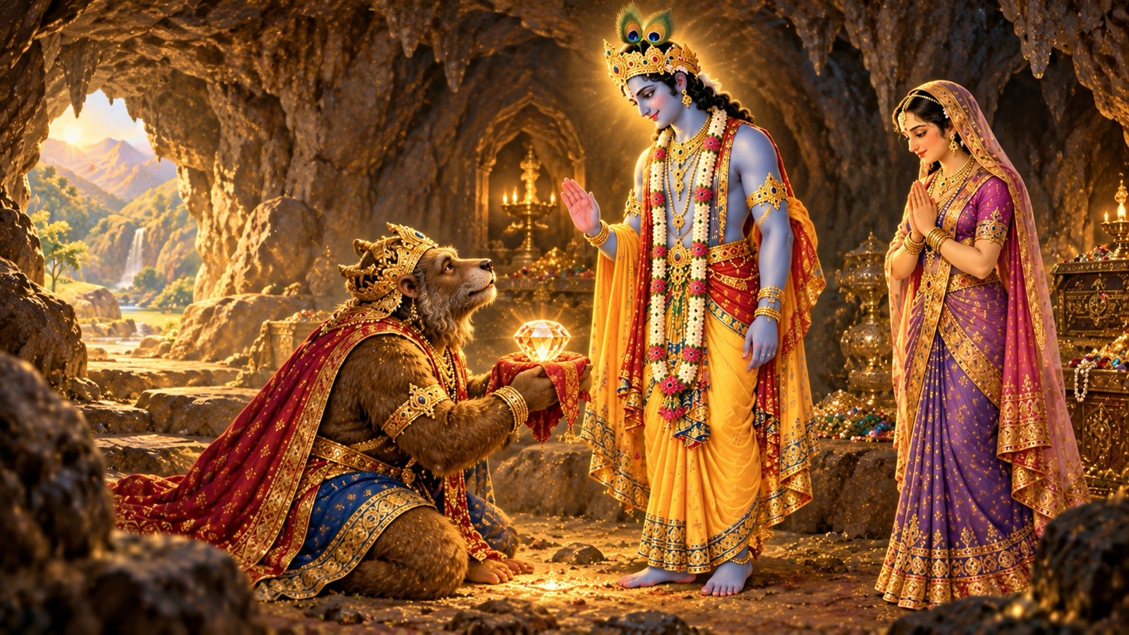 अपनी गुफा में श्रीकृष्ण के चरणों में झुके ऋक्षराज जाम्बवान् स्यमन्तक मणि अर्पित करते हुए, पास में लज्जा से खड़ी उनकी पुत्री जाम्बवती