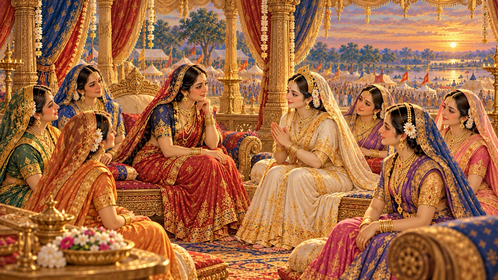 कुरुक्षेत्र के मण्डप में श्रीकृष्ण की रानियों के बीच बैठी द्रौपदी, हाथ जोड़े बोलती रुक्मिणी को सुनती हुईं