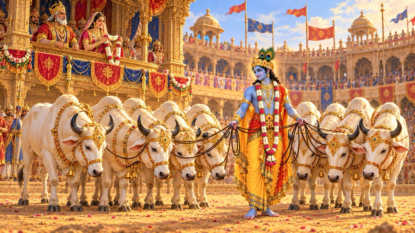 Krishna playfully holding the nose-ropes of seven calm bulls in the arena of Kosala as King Nagnajit and Princess Satya watch from a royal balcony