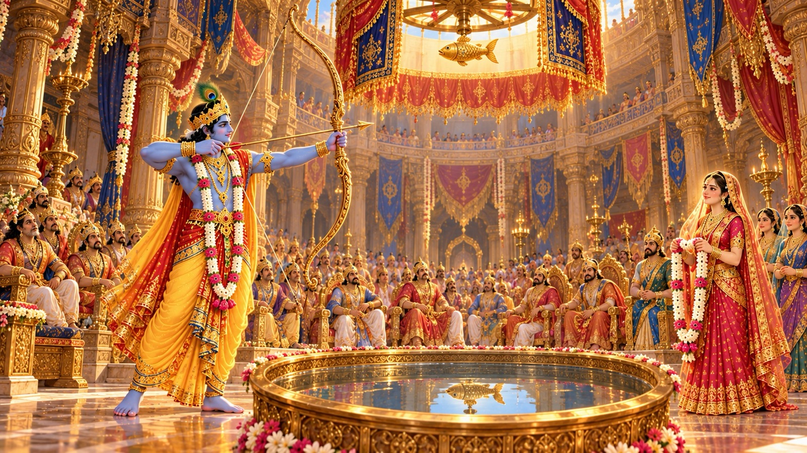 Krishna drawing a great bow while gazing down at the reflection of a hidden fish in a basin of water, as Princess Lakshmana waits with a jewelled necklace and the kings look on