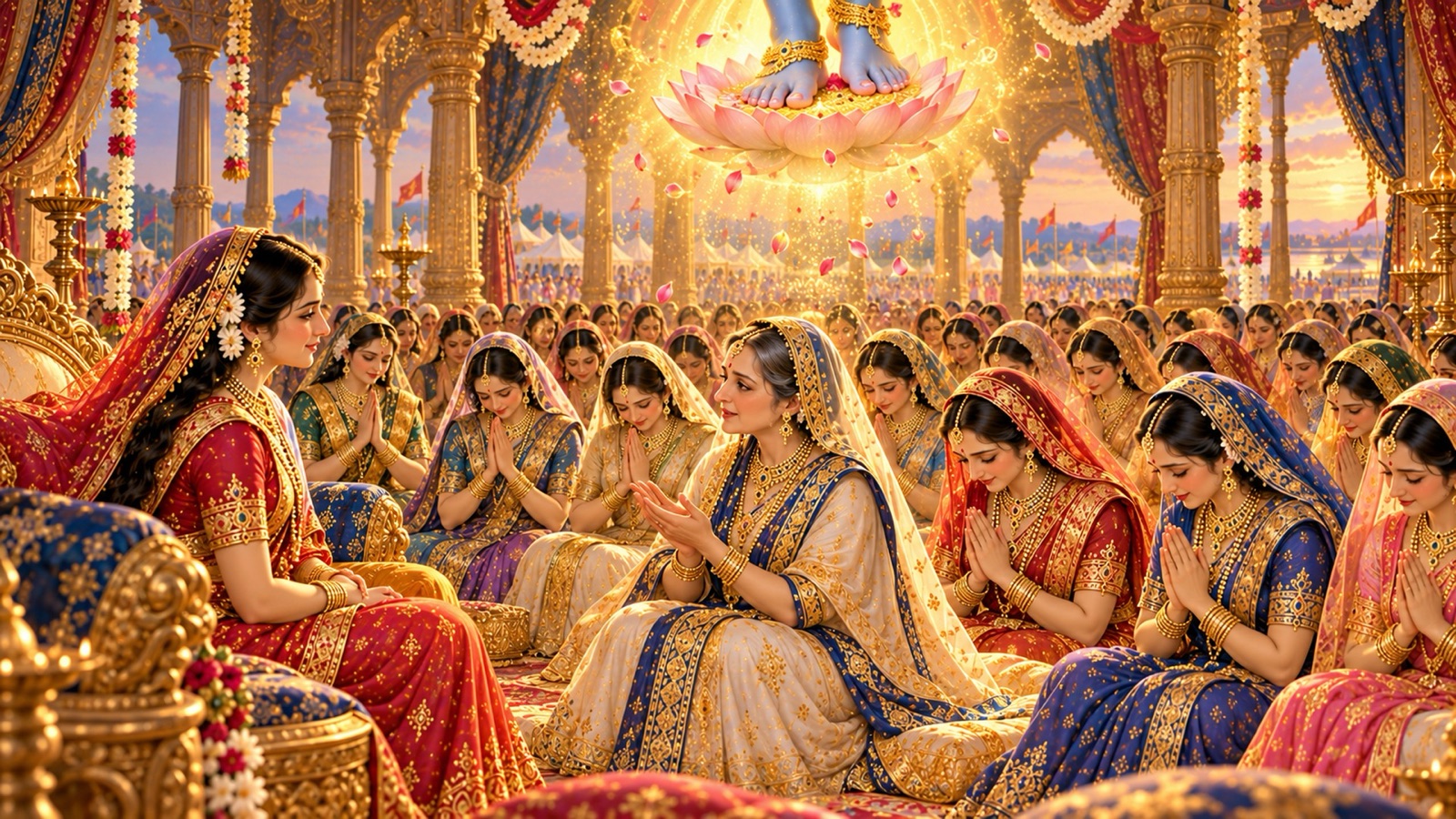 Rows of Krishna's queens with folded hands and bowed heads before Draupadi, a soft vision of the Lord's lotus feet glowing above them