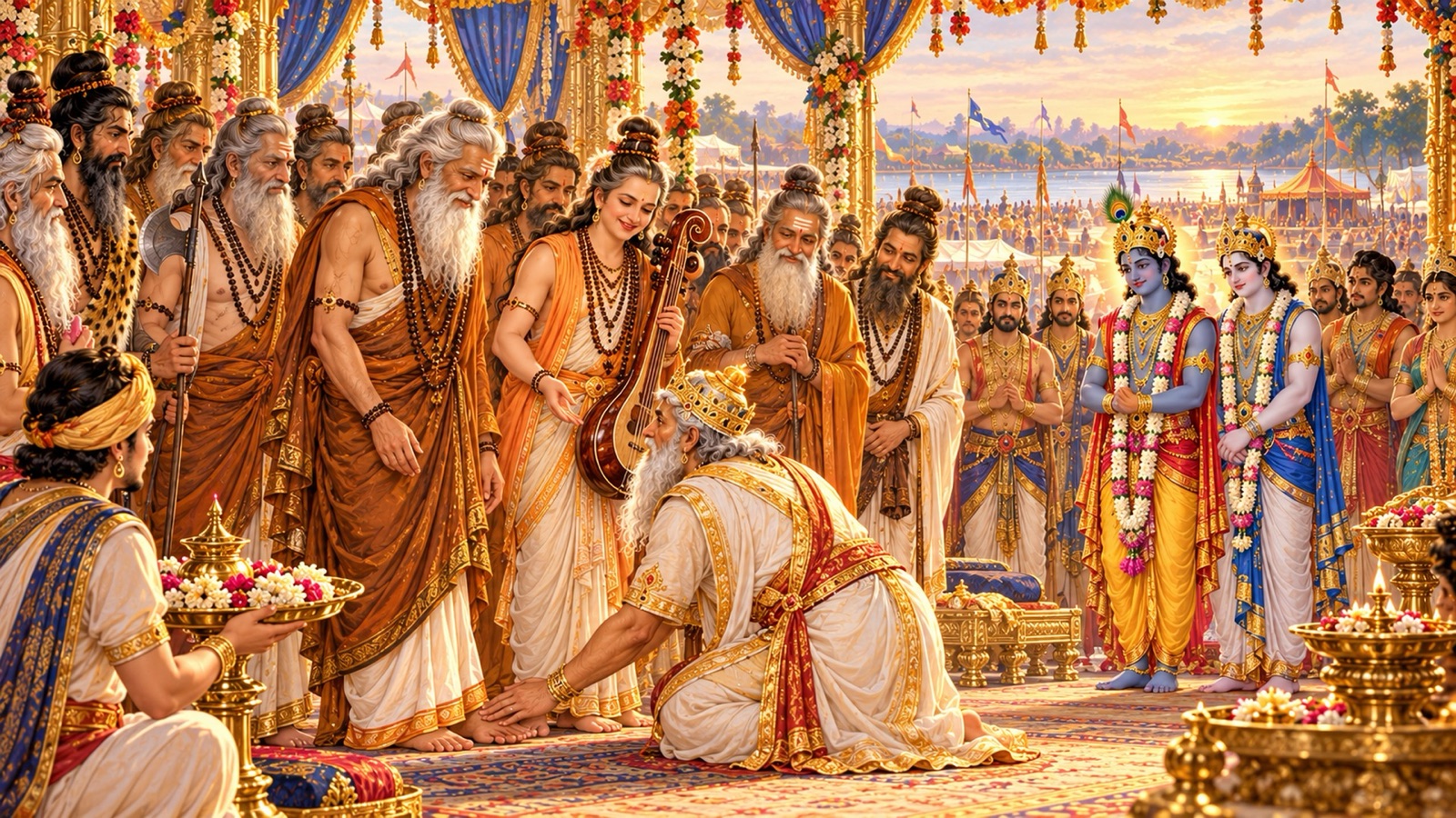 ऋषियों के चरण पकड़कर प्रणाम करते वसुदेव और मुस्कराते नारद — किस कर्म से सब कर्म छूटें, यह प्रश्न