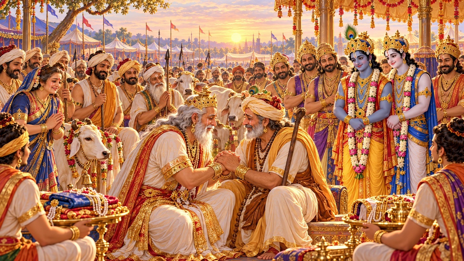 कुरुक्षेत्र में यदुओं और गोपों के बीच अश्रुपूर्ण नेत्रों से नन्द का हाथ थामे स्नेह-पाश की बात कहते वसुदेव