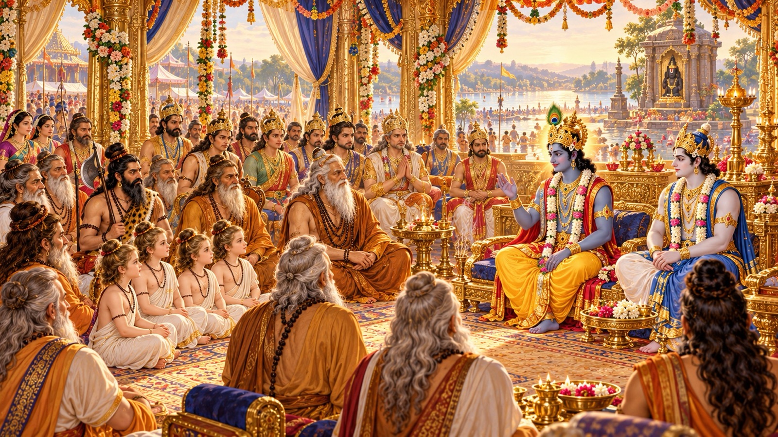 Krishna seated before the silent assembly of sages at Kurukshetra, speaking with a raised hand as Balarama and the kings listen
