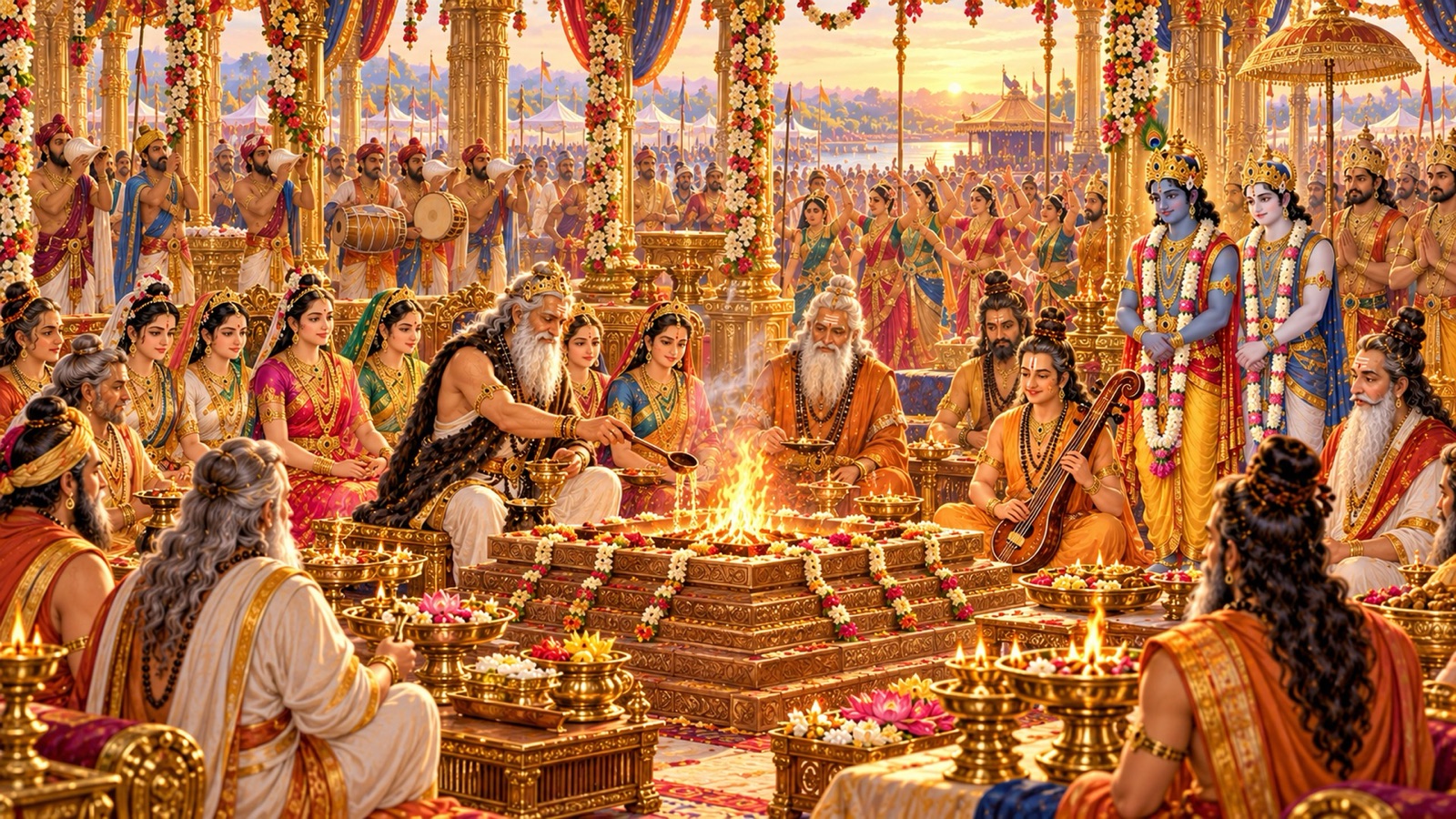 Vasudeva in deerskin seated with his queens beside the sacrificial fire at Kurukshetra, the rishis officiating as priests while Krishna and Balarama look on