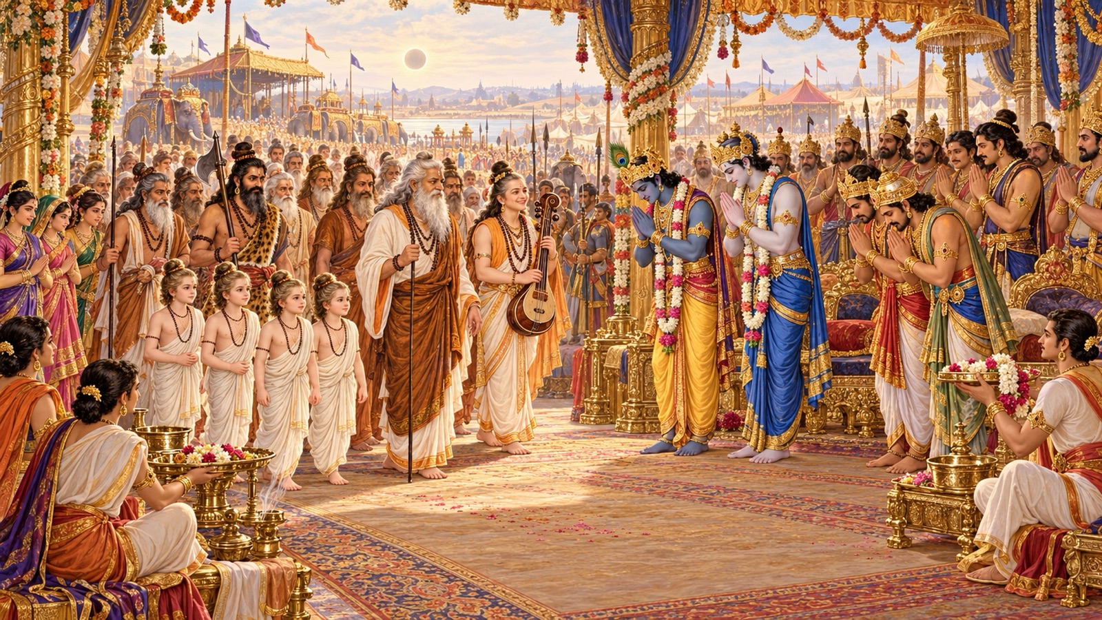 Krishna, Balarama, the Pandavas and the kings rising to bow and welcome Vyasa, Narada and the assembled sages at Kurukshetra