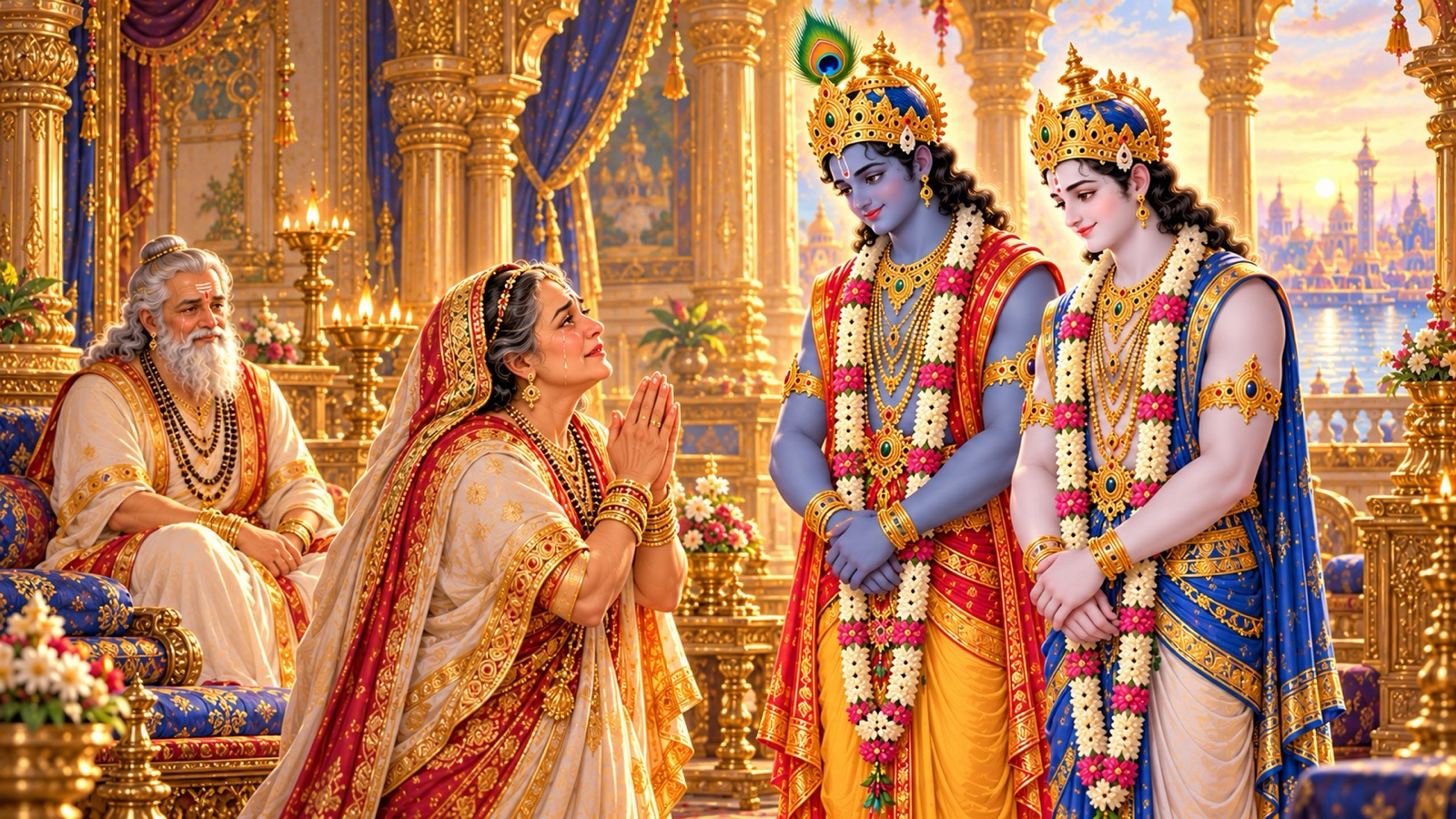 अश्रुपूरित नेत्रों और जुड़े हाथों से श्रीकृष्ण और बलराम से कंस द्वारा मारे गए अपने छह पुत्रों को लौटाने की प्रार्थना करती देवकी