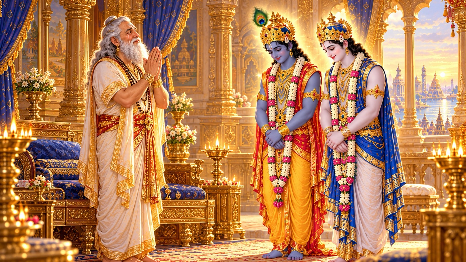 Vasudeva with folded hands praying to Krishna and Balarama, who have just bowed at his feet in the Dvaraka palace