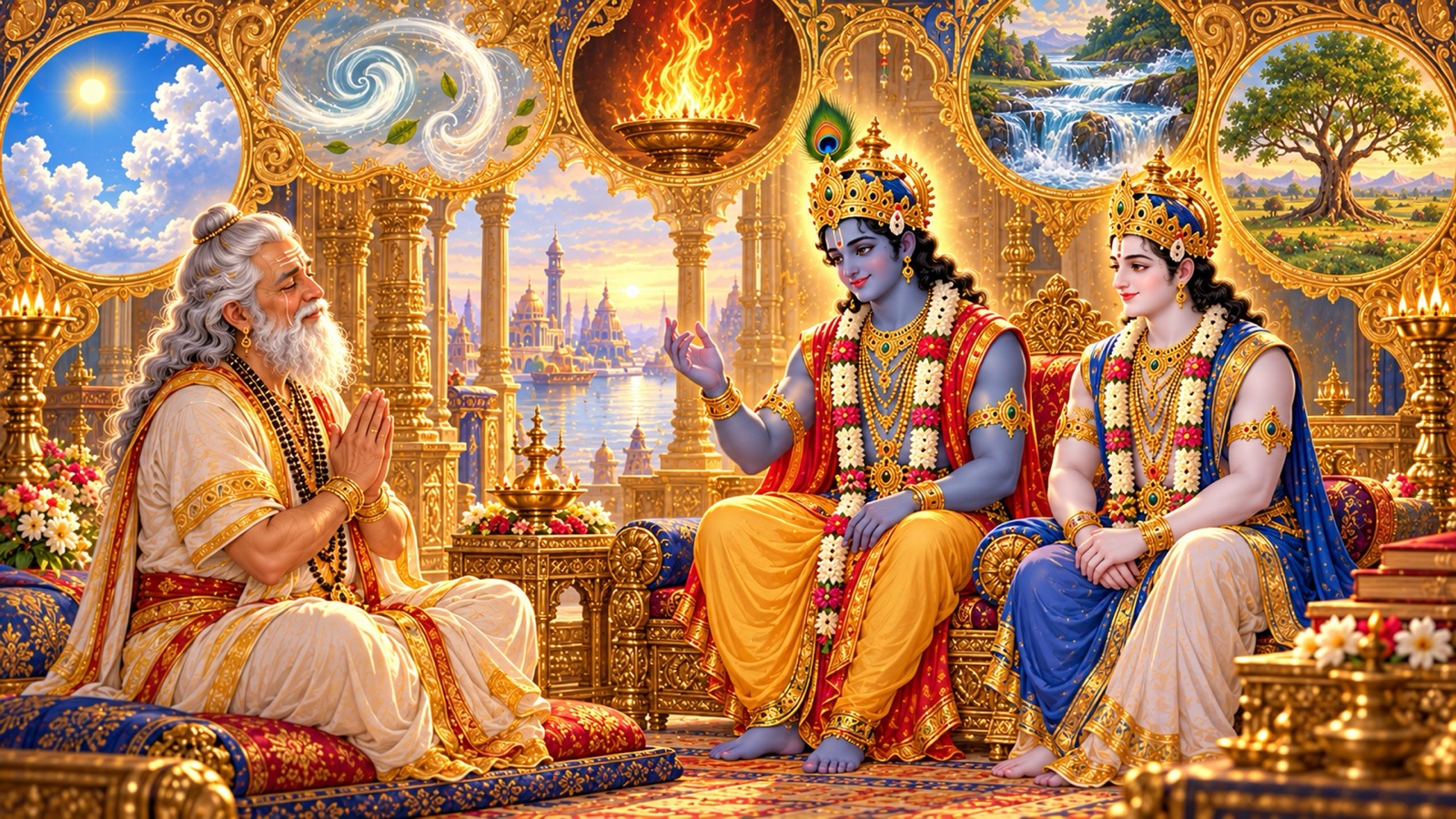 Krishna smiling and teaching Vasudeva that all beings are Brahman, with soft symbolic motifs of sky, air, fire, water and earth glowing around them