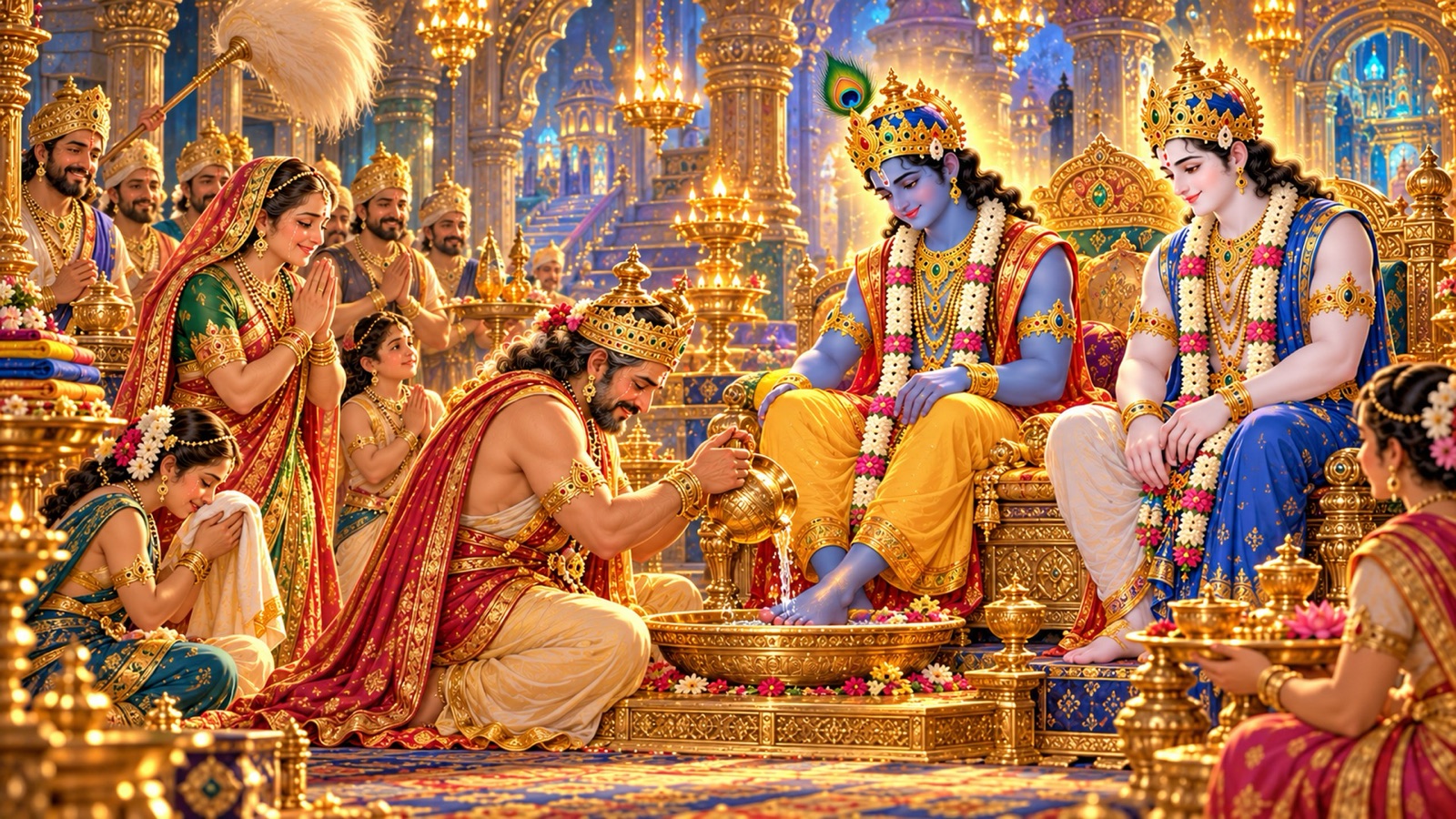King Bali washing the feet of Krishna and Balarama seated in his jewelled hall in Sutala while his family stands with folded hands