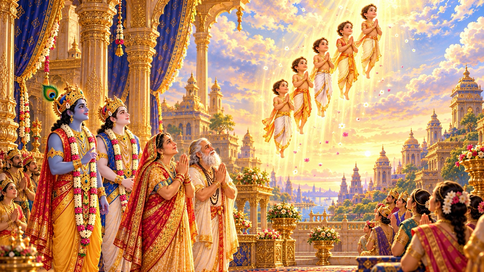 Six radiant boys rising in golden light toward the heavens after bowing to Krishna, Balarama, Devaki and Vasudeva in the Dvaraka palace courtyard