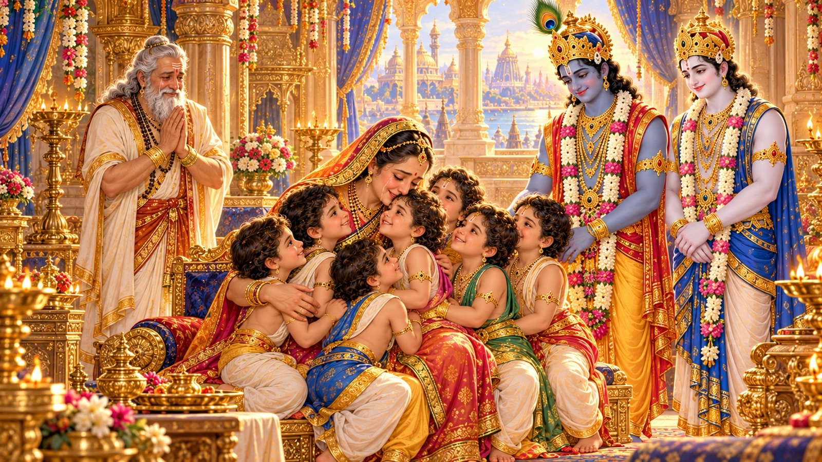 Devaki embracing her six restored sons on her lap in the Dvaraka palace while Krishna and Balarama stand beside her and Vasudeva looks on