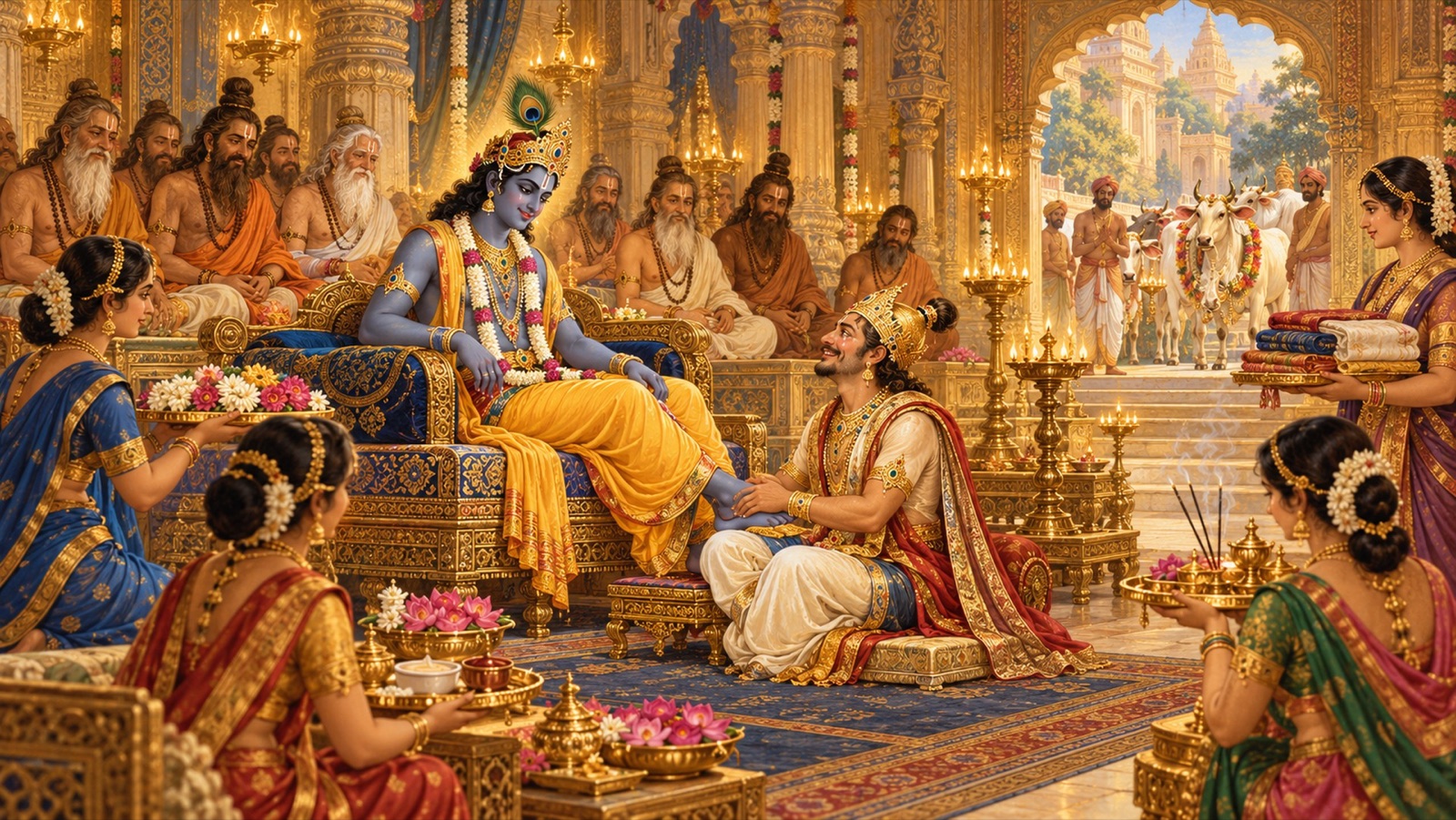 राजभवन में श्रीकृष्ण के चरण अपनी गोद में लिए राजा बहुलाश्व, उत्तम आसनों पर मुनि और चन्दन, माला व दीप के थाल लाते सेवक